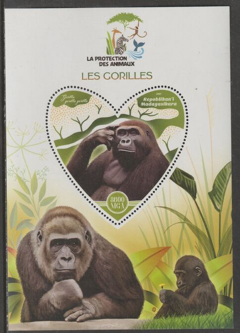 Madagascar 2017 Animal Protection - Gorillas perf deluxe sheet containing one heart shaped value unmounted mint, stamps on , stamps on  stamps on shaped, stamps on  stamps on heart, stamps on  stamps on  wwf , stamps on  stamps on animals, stamps on  stamps on primates, stamps on  stamps on gorillas