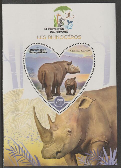 Madagascar 2017 Animal Protection - Rhinos perf deluxe sheet containing one heart shaped value unmounted mint, stamps on shaped, stamps on heart, stamps on  wwf , stamps on animals, stamps on rhinos