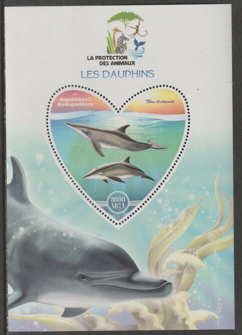 Madagascar 2017 Animal Protection - Dolphins perf deluxe sheet containing one heart shaped value unmounted mint, stamps on , stamps on  stamps on shaped, stamps on  stamps on heart, stamps on  stamps on  wwf , stamps on  stamps on animals, stamps on  stamps on dolphins, stamps on  stamps on marine life