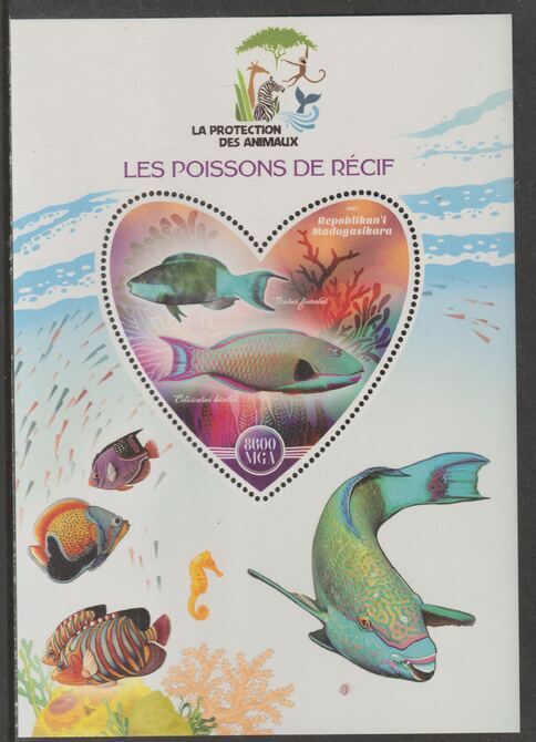 Madagascar 2017 Animal Protection - Reef Fish perf deluxe sheet containing one heart shaped value unmounted mint, stamps on shaped, stamps on heart, stamps on  wwf , stamps on animals, stamps on fish, stamps on marine life