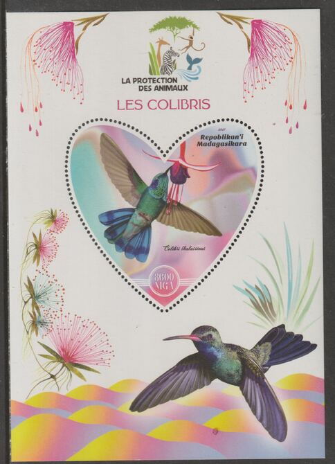 Madagascar 2017 Animal Protection - Hummingbirds perf deluxe sheet containing one heart shaped value unmounted mint, stamps on shaped, stamps on heart, stamps on  wwf , stamps on animals, stamps on birds, stamps on hummingbirds