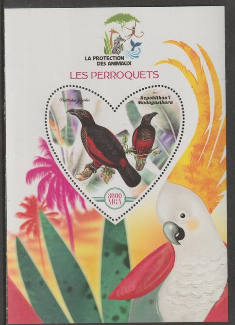 Madagascar 2017 Animal Protection - Parrots perf deluxe sheet containing one heart shaped value unmounted mint, stamps on shaped, stamps on heart, stamps on  wwf , stamps on animals, stamps on birds, stamps on parrots
