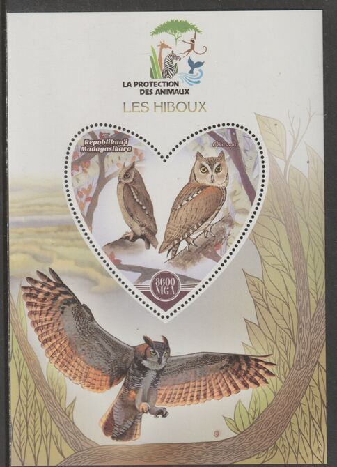 Madagascar 2017 Animal Protection - Owls perf deluxe sheet containing one heart shaped value unmounted mint, stamps on , stamps on  stamps on shaped, stamps on  stamps on heart, stamps on  stamps on  wwf , stamps on  stamps on animals, stamps on  stamps on birds, stamps on  stamps on birds of prey, stamps on  stamps on owls