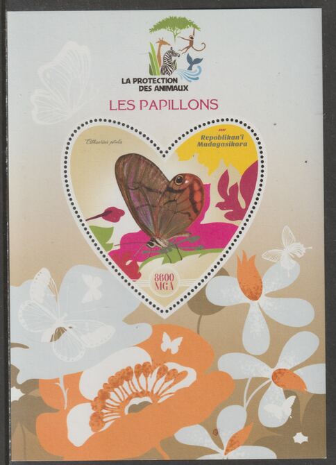 Madagascar 2017 Animal Protection - Butterflies perf deluxe sheet containing one heart shaped value unmounted mint, stamps on shaped, stamps on heart, stamps on  wwf , stamps on insects, stamps on butterflies