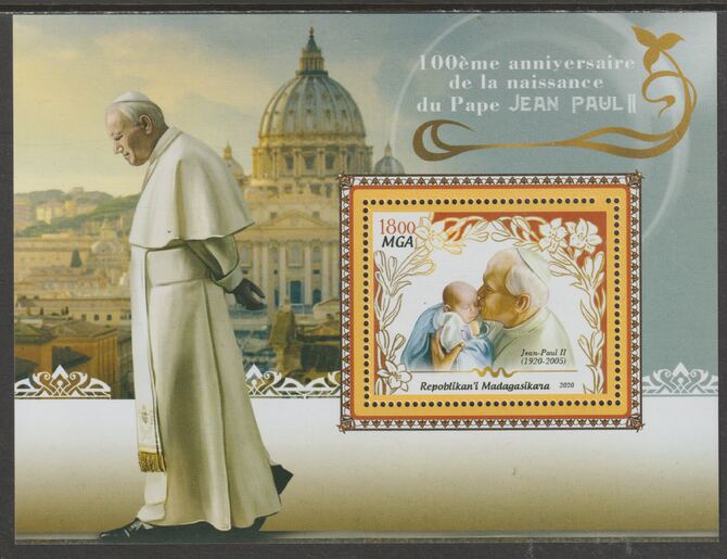 Madagascar 2020 Pope John Paul perf m/sheet #2 containing one value unmounted mint, stamps on personalities, stamps on popes, stamps on john paul, stamps on 