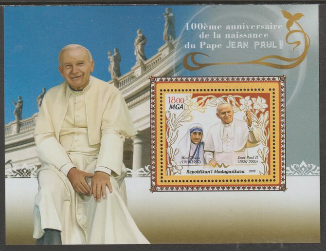 Madagascar 2020 Pope John Paul perf m/sheet #3 containing one value unmounted mint, stamps on personalities, stamps on popes, stamps on john paul, stamps on 