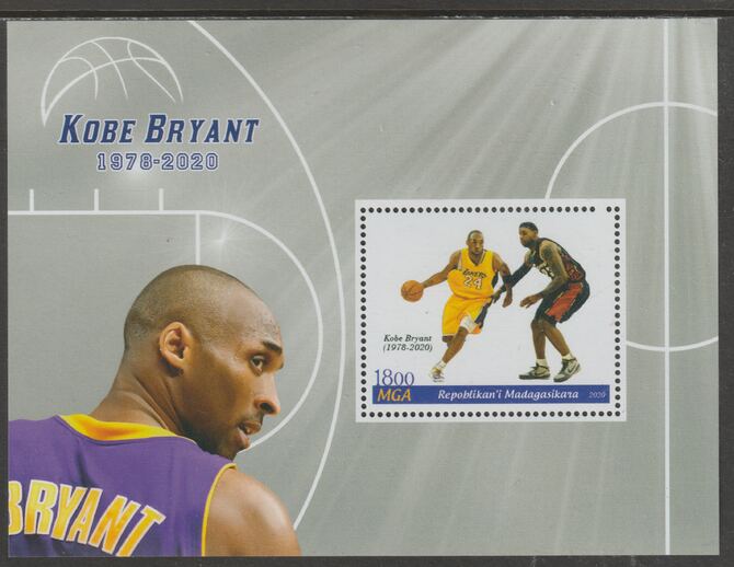 Madagascar 2020 Basketball - Kobe Bryant perf m/sheet #3 containing one value unmounted mint, stamps on personalities, stamps on sport, stamps on basketball, stamps on bryant