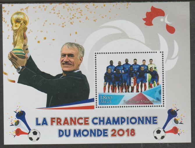 Madagascar 2018 France Football Champions perf m/sheet #3 containing one value unmounted mint, stamps on football