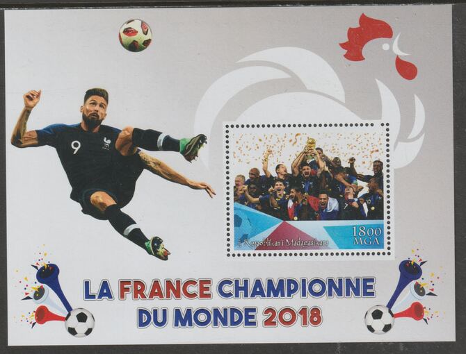 Madagascar 2018 France Football Champions perf m/sheet #4 containing one value unmounted mint, stamps on football