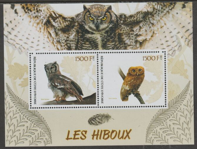 Ivory Coast 2017 Owls perf sheetlet containing two values unmounted mint, stamps on birds, stamps on birds of prey, stamps on owls
