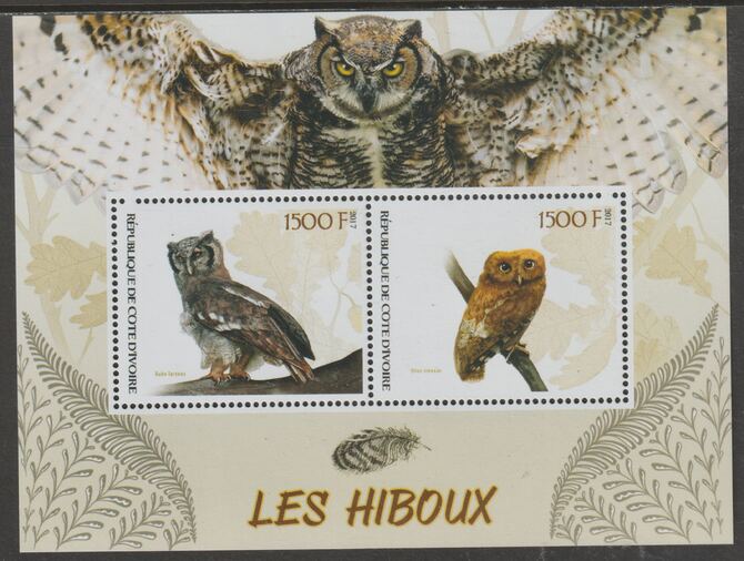 Ivory Coast 2017 Owls perf sheetlet containing two values unmounted mint, stamps on , stamps on  stamps on birds, stamps on  stamps on birds of prey, stamps on  stamps on owls