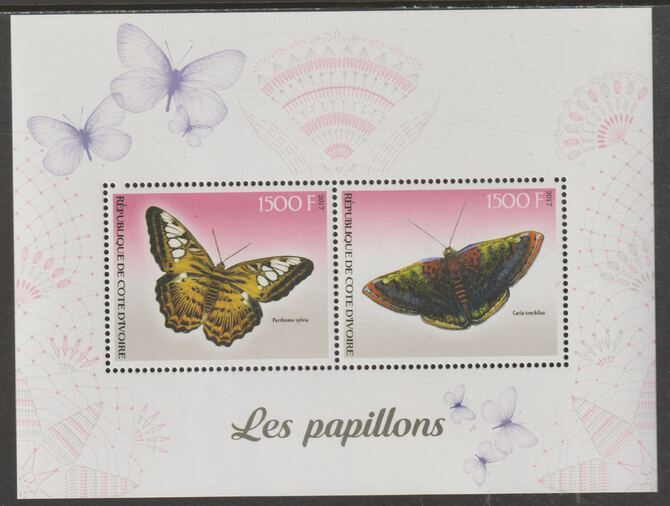 Ivory Coast 2017 Butterflies perf sheetlet containing two values unmounted mint, stamps on , stamps on  stamps on insects, stamps on  stamps on butterflies