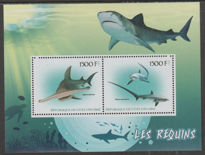 Ivory Coast 2017 Sharks perf sheetlet containing two values unmounted mint, stamps on fish, stamps on sharks
