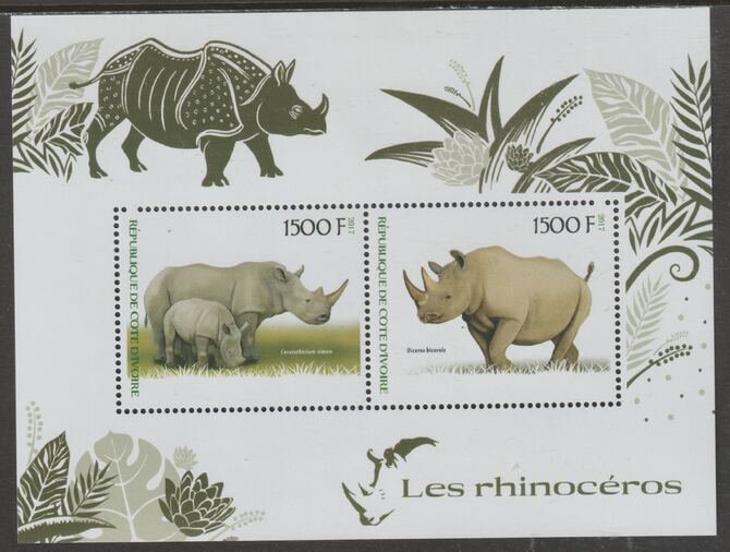 Ivory Coast 2017 Rhinos perf sheetlet containing two values unmounted mint, stamps on animals, stamps on rhinos