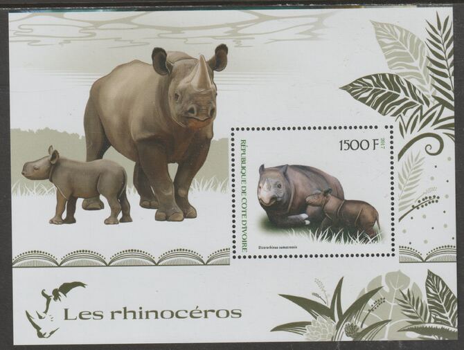 Ivory Coast 2017 Rhinos perf m/sheet containing one value unmounted mint, stamps on , stamps on  stamps on animals, stamps on  stamps on rhinos