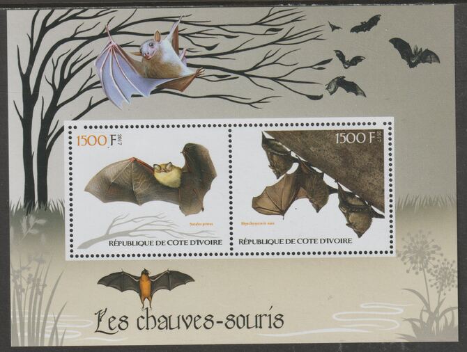 Ivory Coast 2017 Bats perf sheetlet containing two values unmounted mint, stamps on , stamps on  stamps on mammals, stamps on  stamps on bats