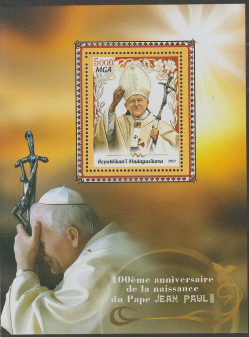 Madagascar 2020 Pope John Paul perf m/sheet #5 containing one value unmounted mint, stamps on personalities, stamps on popes, stamps on john paul, stamps on 
