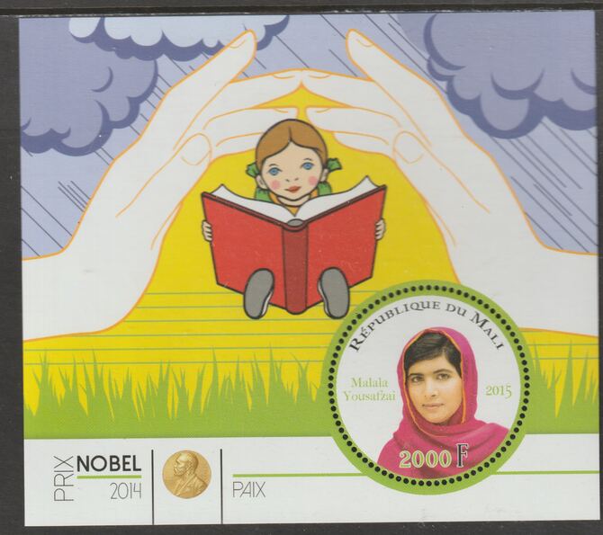 Mali 2014 Nobel Prize for Peace - Malala Yousafzai perf sheet containing one circular value unmounted mint, stamps on , stamps on  stamps on personalities, stamps on  stamps on nobel, stamps on  stamps on shaped, stamps on  stamps on peace