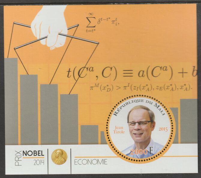 Mali 2014 Nobel Prize for Economics - Jean Tirole perf sheet containing one circular value unmounted mint, stamps on personalities, stamps on nobel, stamps on shaped, stamps on economocs, stamps on maths