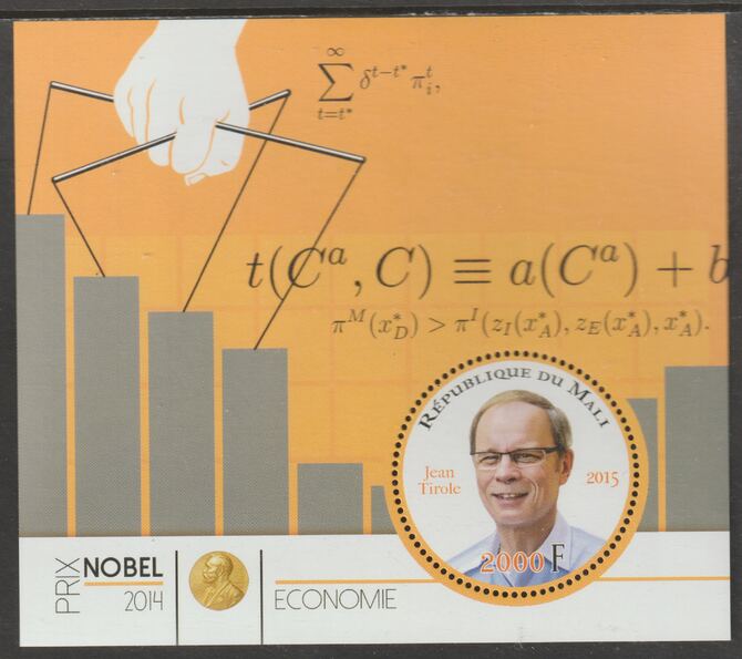 Mali 2014 Nobel Prize for Economics - Jean Tirole perf sheet containing one circular value unmounted mint, stamps on , stamps on  stamps on personalities, stamps on  stamps on nobel, stamps on  stamps on shaped, stamps on  stamps on economocs, stamps on  stamps on maths