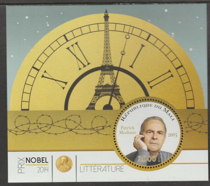 Mali 2014 Nobel Prize for Literature -Patrick Modiano perf sheet containing one circular value unmounted mint, stamps on personalities, stamps on nobel, stamps on shaped, stamps on literature, stamps on clocks, stamps on eiffel tower