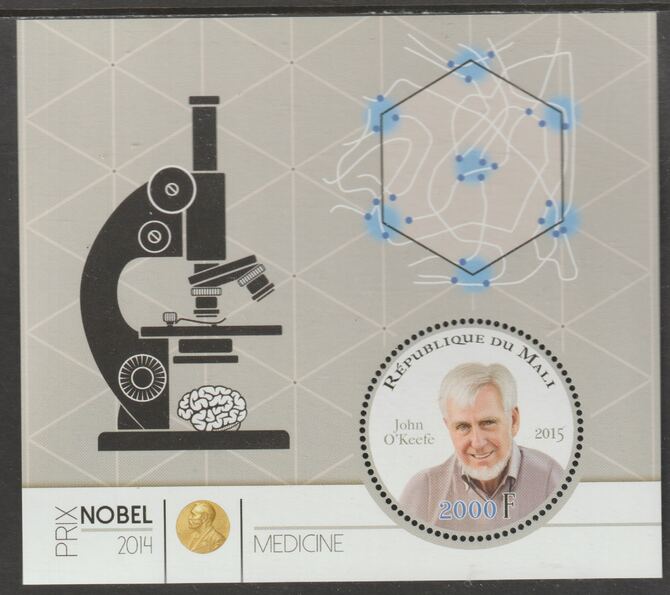 Mali 2014 Nobel Prize for Medicine - John O'Keefe perf sheet containing one circular value unmounted mint, stamps on personalities, stamps on nobel, stamps on shaped, stamps on medical, stamps on microscopes