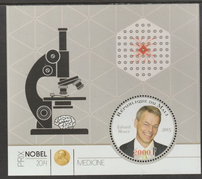 Mali 2014 Nobel Prize for Medicine - Edward Moser perf sheet containing one circular value unmounted mint, stamps on personalities, stamps on nobel, stamps on shaped, stamps on medical, stamps on microscopes