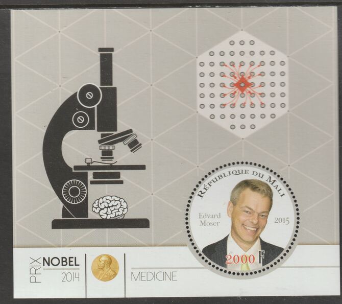 Mali 2014 Nobel Prize for Medicine - Edward Moser perf sheet containing one circular value unmounted mint, stamps on , stamps on  stamps on personalities, stamps on  stamps on nobel, stamps on  stamps on shaped, stamps on  stamps on medical, stamps on  stamps on microscopes