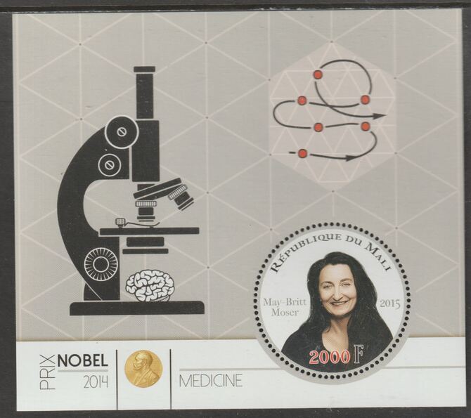 Mali 2014 Nobel Prize for Medicine - May-Britt Moser perf sheet containing one circular value unmounted mint, stamps on personalities, stamps on nobel, stamps on shaped, stamps on medical, stamps on microscopes