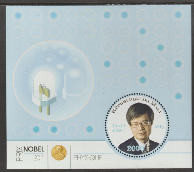 Mali 2014 Nobel Prize for Physics - Hiroshi Amano perf sheet containing one circular value unmounted mint, stamps on personalities, stamps on nobel, stamps on shaped, stamps on physics