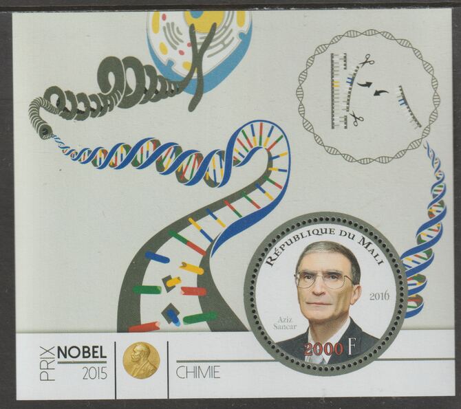 Mali 2015 Nobel Prize for Chemistry - Aziz Sancar perf sheet containing one circular value unmounted mint, stamps on personalities, stamps on nobel, stamps on shaped, stamps on chemistry