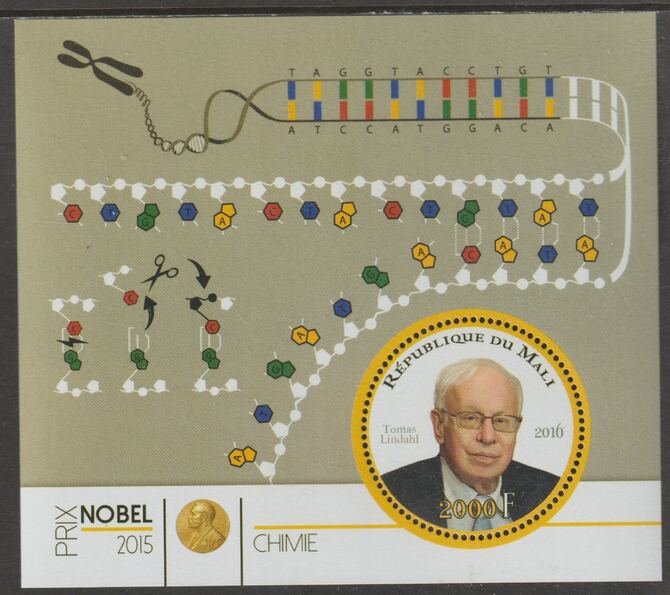 Mali 2015 Nobel Prize for Chemistry - Thomas Lindahl perf sheet containing one circular value unmounted mint, stamps on personalities, stamps on nobel, stamps on shaped, stamps on chemistry