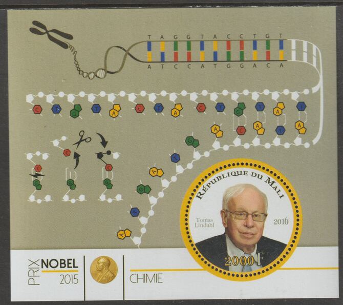 Mali 2015 Nobel Prize for Chemistry - Thomas Lindahl perf sheet containing one circular value unmounted mint, stamps on , stamps on  stamps on personalities, stamps on  stamps on nobel, stamps on  stamps on shaped, stamps on  stamps on chemistry