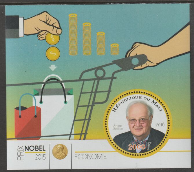 Mali 2015 Nobel Prize for Economics - Angus Deaton perf sheet containing one circular value unmounted mint, stamps on personalities, stamps on nobel, stamps on shaped, stamps on economics
