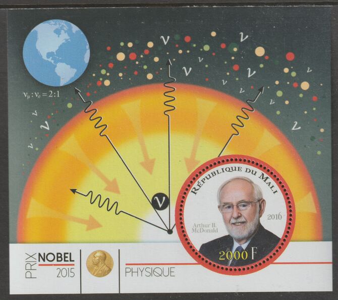 Mali 2015 Nobel Prize for Physics - Arthur B McDonald perf sheet containing one circular value unmounted mint, stamps on personalities, stamps on nobel, stamps on shaped, stamps on physics