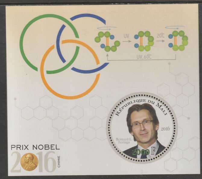 Mali 2016 Nobel Prize for Chemistry - Bernard L Feringa perf sheet containing one circular value unmounted mint, stamps on personalities, stamps on nobel, stamps on shaped, stamps on chemistry