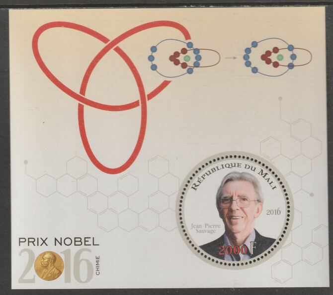 Mali 2016 Nobel Prize for Chemistry - Jean-Pierre Sauvage perf sheet containing one circular value unmounted mint, stamps on personalities, stamps on nobel, stamps on shaped, stamps on chemistry