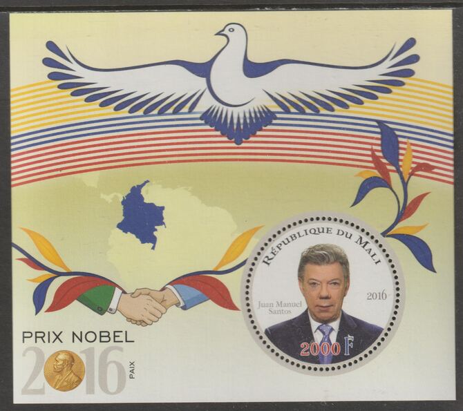Mali 2016 Nobel Prize for Peace - Juan Manuel Santos perf sheet containing one circular value unmounted mint, stamps on personalities, stamps on nobel, stamps on shaped, stamps on peace