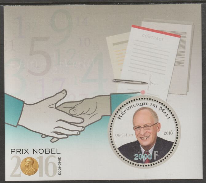 Mali 2016 Nobel Prize for Economics - Oliver Hart perf sheet containing one circular value unmounted mint, stamps on , stamps on  stamps on personalities, stamps on  stamps on nobel, stamps on  stamps on shaped, stamps on  stamps on economics