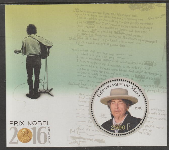 Mali 2016 Nobel Prize for Literature - Bob Dylan perf sheet containing one circular value unmounted mint, stamps on , stamps on  stamps on personalities, stamps on  stamps on nobel, stamps on  stamps on shaped, stamps on  stamps on literature, stamps on  stamps on music