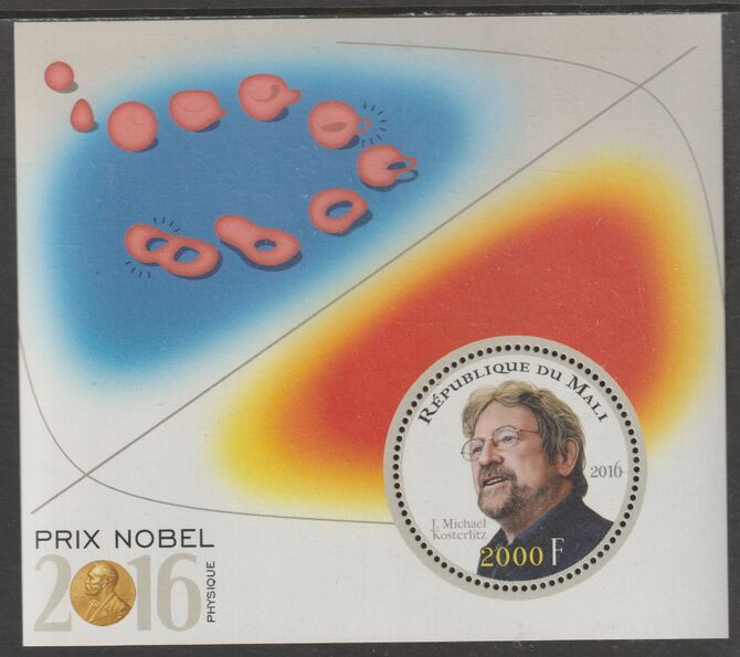 Mali 2016 Nobel Prize for Physics - J Michael Kosterlitz perf sheet containing one circular value unmounted mint, stamps on personalities, stamps on nobel, stamps on shaped, stamps on physics
