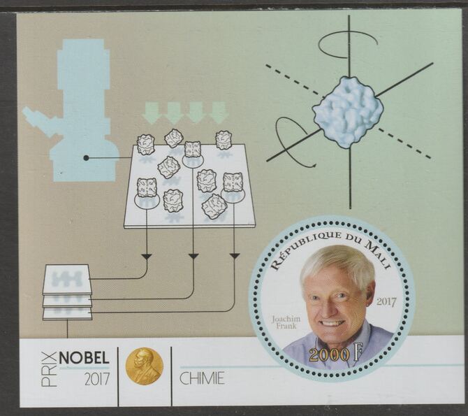 Mali 2017 Nobel Prize for Chemistry - Joachim Frank perf sheet containing one circular value unmounted mint, stamps on personalities, stamps on nobel, stamps on shaped, stamps on chemistry