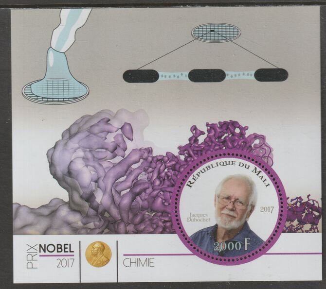 Mali 2017 Nobel Prize for Chemistry - Jacques Dubochet perf sheet containing one circular value unmounted mint, stamps on personalities, stamps on nobel, stamps on shaped, stamps on chemistry