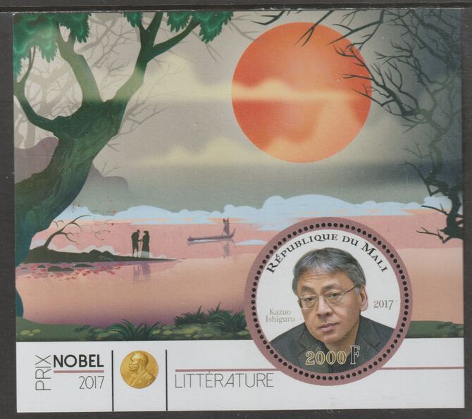 Mali 2017 Nobel Prize for Literature - Kazuo Ishiguro perf sheet containing one circular value unmounted mint, stamps on personalities, stamps on nobel, stamps on shaped, stamps on literature