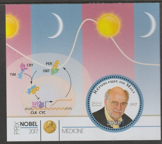 Mali 2017 Nobel Prize for Medicine - Michael Rosbash perf sheet containing one circular value unmounted mint, stamps on personalities, stamps on nobel, stamps on shaped, stamps on medical