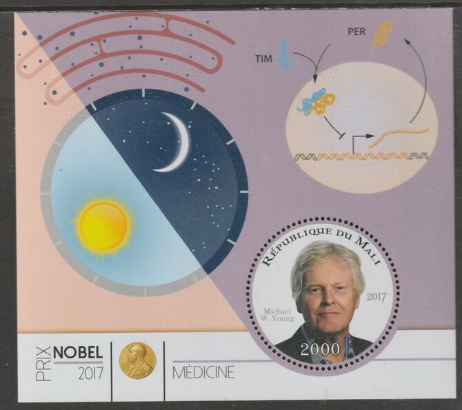 Mali 2017 Nobel Prize for Medicine - Michael W Young perf sheet containing one circular value unmounted mint, stamps on , stamps on  stamps on personalities, stamps on  stamps on nobel, stamps on  stamps on shaped, stamps on  stamps on medical