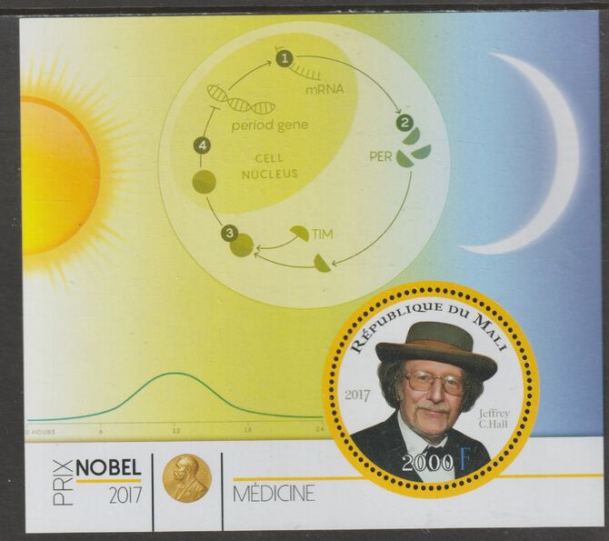 Mali 2017 Nobel Prize for Medicine - Jeffrey C Hall perf sheet containing one circular value unmounted mint, stamps on personalities, stamps on nobel, stamps on shaped, stamps on medical