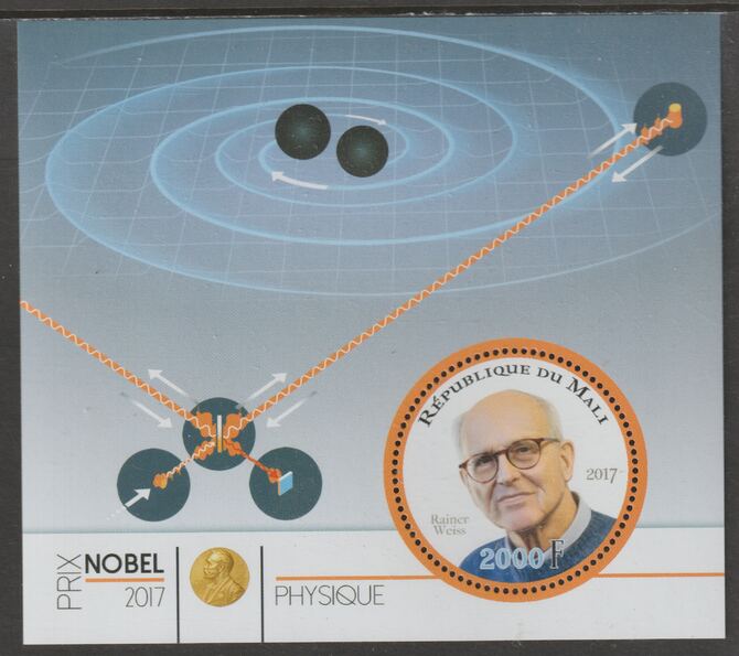 Mali 2017 Nobel Prize for Physics - Rainer Weiss perf sheet containing one circular value unmounted mint, stamps on personalities, stamps on nobel, stamps on shaped, stamps on physics