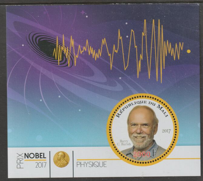 Mali 2017 Nobel Prize for Physics - Barry Barish perf sheet containing one circular value unmounted mint, stamps on personalities, stamps on nobel, stamps on shaped, stamps on physics