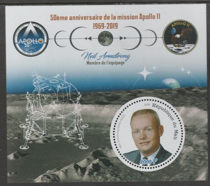 Mali 2019 50th Anniversary of the Apollo 11 Mission perf sheet #1 Neil Armstrong containing one circular value unmounted mint, stamps on space, stamps on apollo, stamps on man on the moon, stamps on rockets